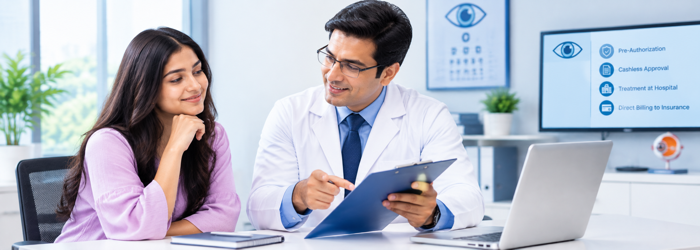 Cashless vs reimbursement options for eye surgery insurance claims. Cashless eye surgery insurance claim process at a network hospital.
