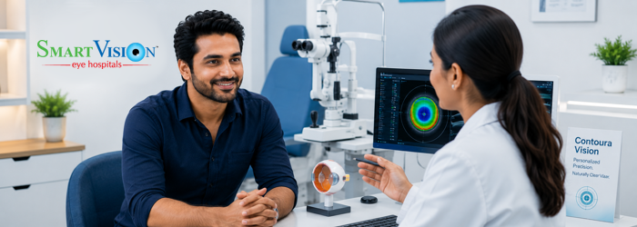 Experienced eye specialist at Smart Vision Eye Hospitals providing personalized Contoura Vision surgery using advanced diagnostic technology. Patient attending a follow-up appointment after successful Contoura Vision surgery at Smart Vision Eye Hospitals.