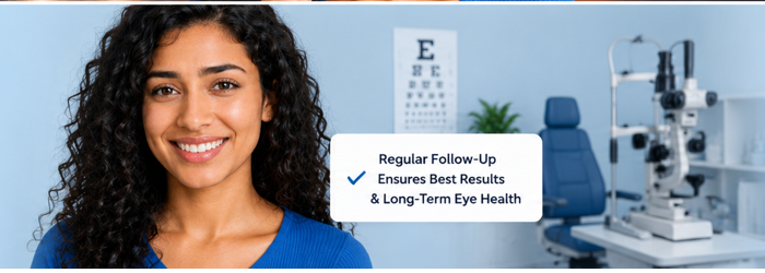 Eye specialist reviewing recovery progress during a follow-up visit after Contoura Vision surgery.