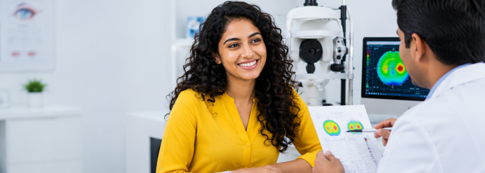 Patient discussing the long-term results and permanence of Contoura Vision surgery with an eye specialist. Eye specialist explaining the Contoura Vision success rate, patient eligibility, and expected treatment outcomes.