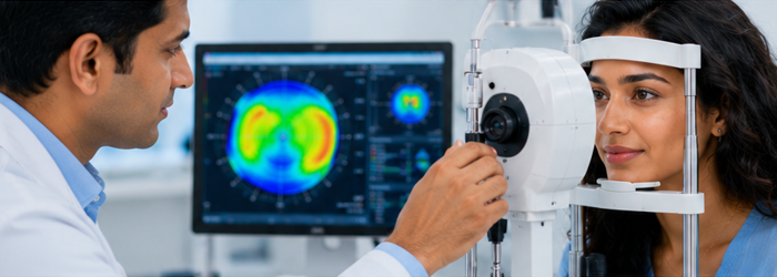 Eye specialist explaining how Contoura Vision surgery corrects astigmatism using topography-guided laser technology. Comprehensive eye examination to determine whether Contoura Vision is suitable for treating astigmatism and irregular corneas. | SmartVision Eye Hosptials
