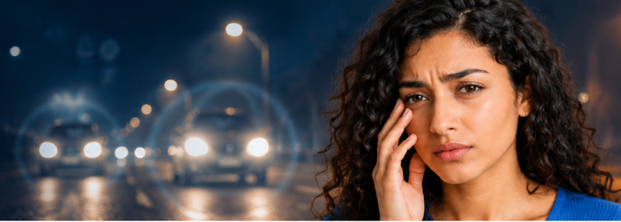 Eye specialist explaining possible Contoura Vision side effects and risks during a detailed pre-surgery consultation. Visual representation of halos and glare as possible temporary night vision effects after Contoura Vision surgery. | SmartVision Eye Hosptials