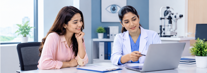 Employer insurance and group health insurance coverage for LASIK eye surgery explained to a patient. Patient checking corporate insurance eligibility for LASIK eye surgery with an eye care specialist. | SmartVision Eye Hosptials
