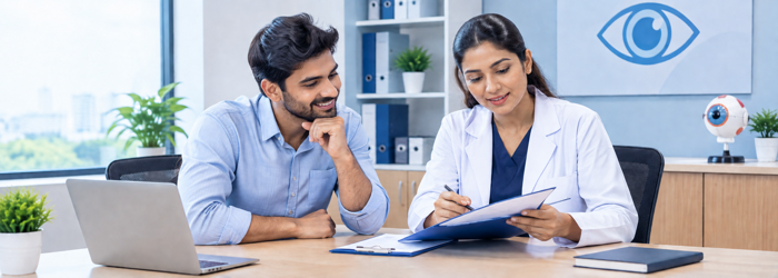 Group health insurance LASIK coverage and policy terms being reviewed before laser eye surgery. LASIK eye surgery cost and insurance coverage discussed during a pre-surgery consultation.