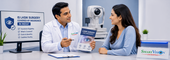 LASIK insurance coverage in India explained during a consultation about laser eye surgery costs and eligibility. Patient discussing whether LASIK surgery is covered by health insurance in India with an eye care specialist. | SmartVision Eye Hosptials