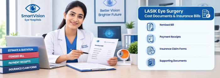 Medical reimbursement process for LASIK Eye Surgery with insurance claim documents. LASIK Eye Surgery cost documents, itemised bills and payment receipts for insurance claims.