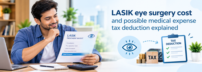 LASIK eye surgery cost and possible medical expense tax deduction explained. Patient reviewing LASIK surgery near me expenses and medical documents for tax benefits.