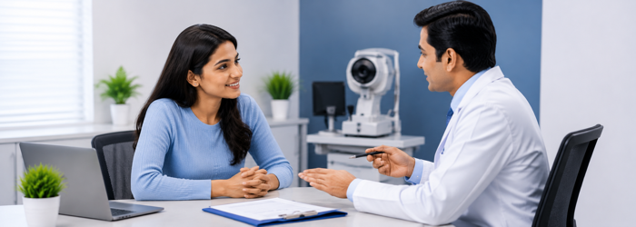 Wavelight Plus LASIK consultation discussing insurance coverage, treatment eligibility and procedure costs. LASIK insurance claim and cashless treatment process explained to a patient before laser eye surgery.