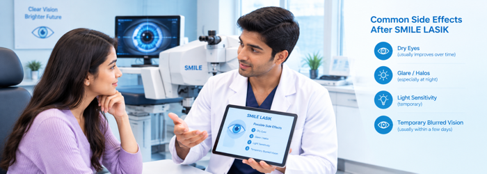 SMILE LASIK side effects and potential risks explained during an eye surgery consultation. Eye examination to assess symptoms and monitor possible SMILE LASIK side effects after surgery.