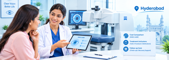 Comparing SMILE LASIK cost, treatment inclusions and follow-up care when choosing an eye hospital in Hyderabad. Eye examination at a Hyderabad eye hospital to assess suitability for SMILE LASIK surgery.