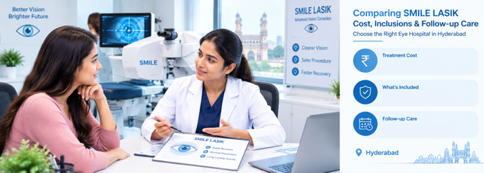 Pre-operative eye scans used to assess suitability and evaluate potential risks before SMILE eye surgery. Discussion of SMILE LASIK eye surgery cost, potential risks and follow-up care with an eye surgeon.