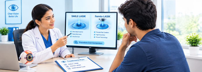 SMILE LASIK eye surgery cost and Femto LASIK treatment factors discussed during consultation. SMILE LASIK vs Femto LASIK procedure comparison showing different laser eye surgery techniques.