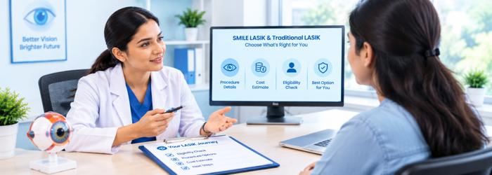 Comparison of SMILE eye surgery and Traditional LASIK technique. SMILE LASIK eye surgery cost and treatment options discussed during an eye consultation.