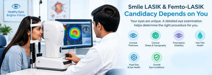 SMILE LASIK vs Femto LASIK comparison for vision correction. Eye examination to determine suitability for SMILE LASIK or Femto LASIK surgery.