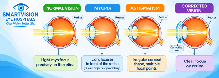 Medical illustration explaining how SMILE LASIK Eye Surgery corrects myopia and astigmatism. Corneal mapping and eye evaluation to assess suitability for SMILE LASIK with high myopia or astigmatism.