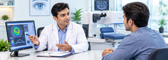 Corneal mapping and diagnostic testing used to evaluate candidacy for SMILE eye surgery. Discussing SMILE LASIK eye surgery cost, eligibility and treatment options during an eye hospital consultation.