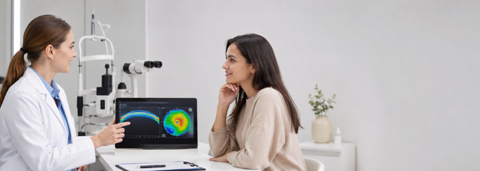 Topography-guided eye scan showing how Contoura Vision technology creates a customized treatment plan for improved visual accuracy.