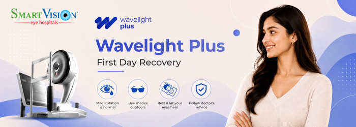 Patient recovering after Wavelight Plus laser eye surgery with improved vision and scheduled follow-up eye examination. Eye specialist providing post-operative care instructions during the first day of Wavelight Plus recovery. | SmartVision Eye Hosptials