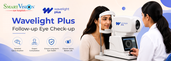 Patient attending a follow-up eye examination to monitor healing after Wavelight Plus laser vision correction. Illustration showing the healing timeline and vision recovery milestones after Wavelight Plus laser eye surgery.