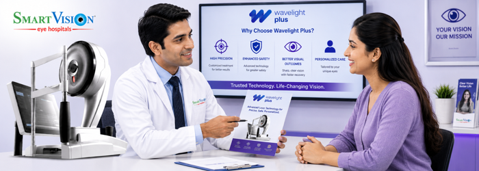 Patient consultation for Wavelight Plus surgery with an experienced eye specialist at Smart Vision. Eye specialist explaining Wavelight Plus laser eye surgery at Smart Vision Eye Hospitals.