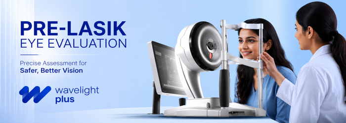 Comprehensive eye examination to determine patient eligibility for Wavelight Plus LASIK using advanced diagnostic technology. Eye specialist performing a detailed pre-operative evaluation to determine Wavelight Plus LASIK candidacy. | SmartVision Eye Hosptials