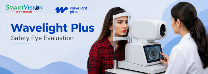 Eye specialist performing a pre-operative evaluation to assess Wavelight Plus safety and LASIK surgery suitability.